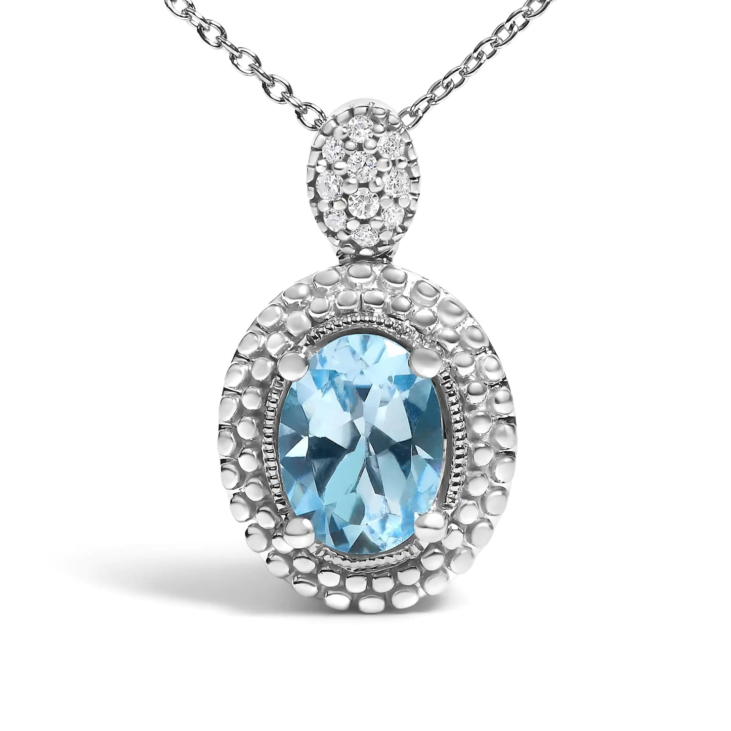 .925 Sterling Silver Oval Blue Topaz and Diamond Accent with Beaded Halo Pendant Necklace - 18" Inches