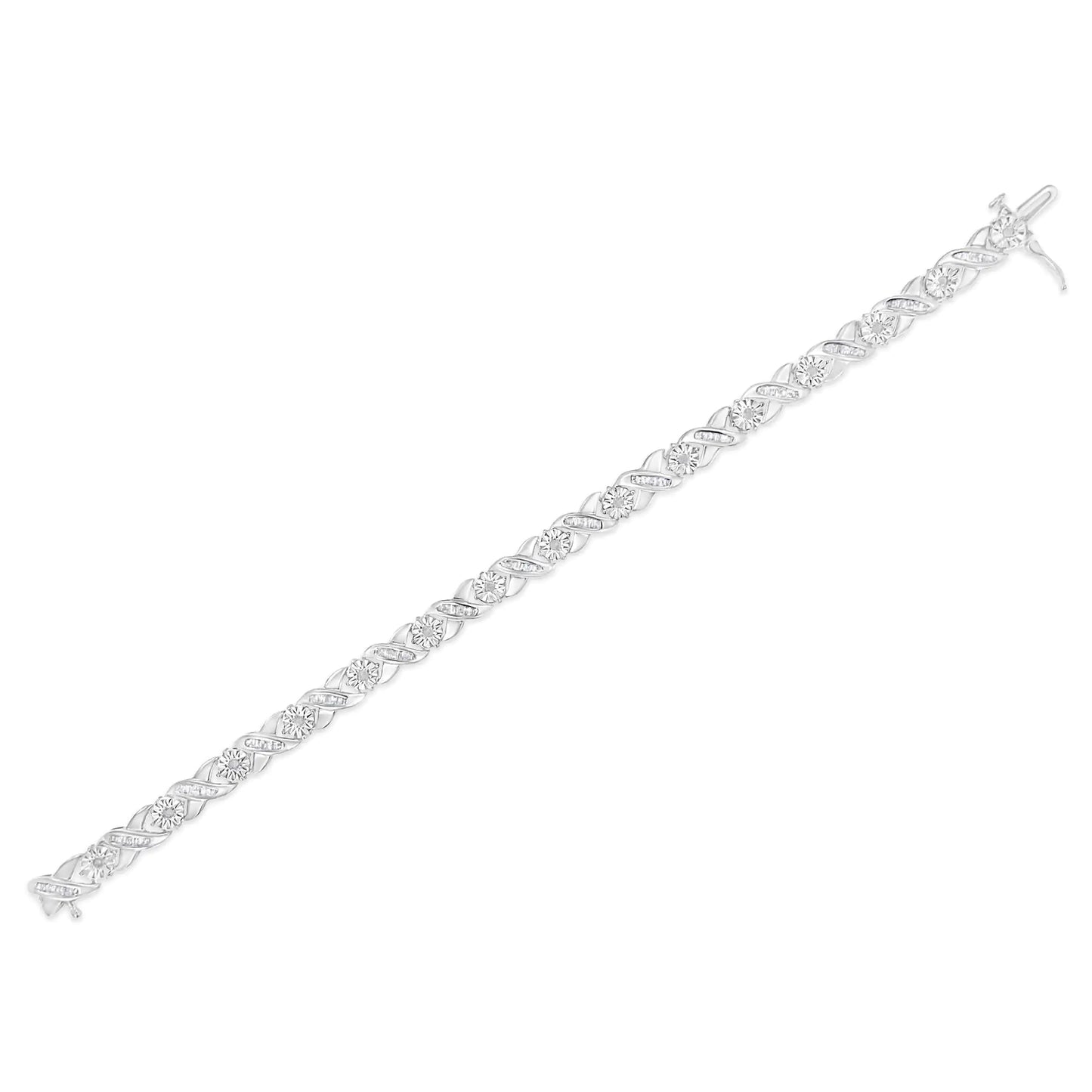 .925 Sterling Silver 1.0 Cttw Round-Brilliant and Baguette Cut Diamond Miracle-Set X-Link 7" Tennis Bracelet (I-J Color, I2-I3 Clarity)