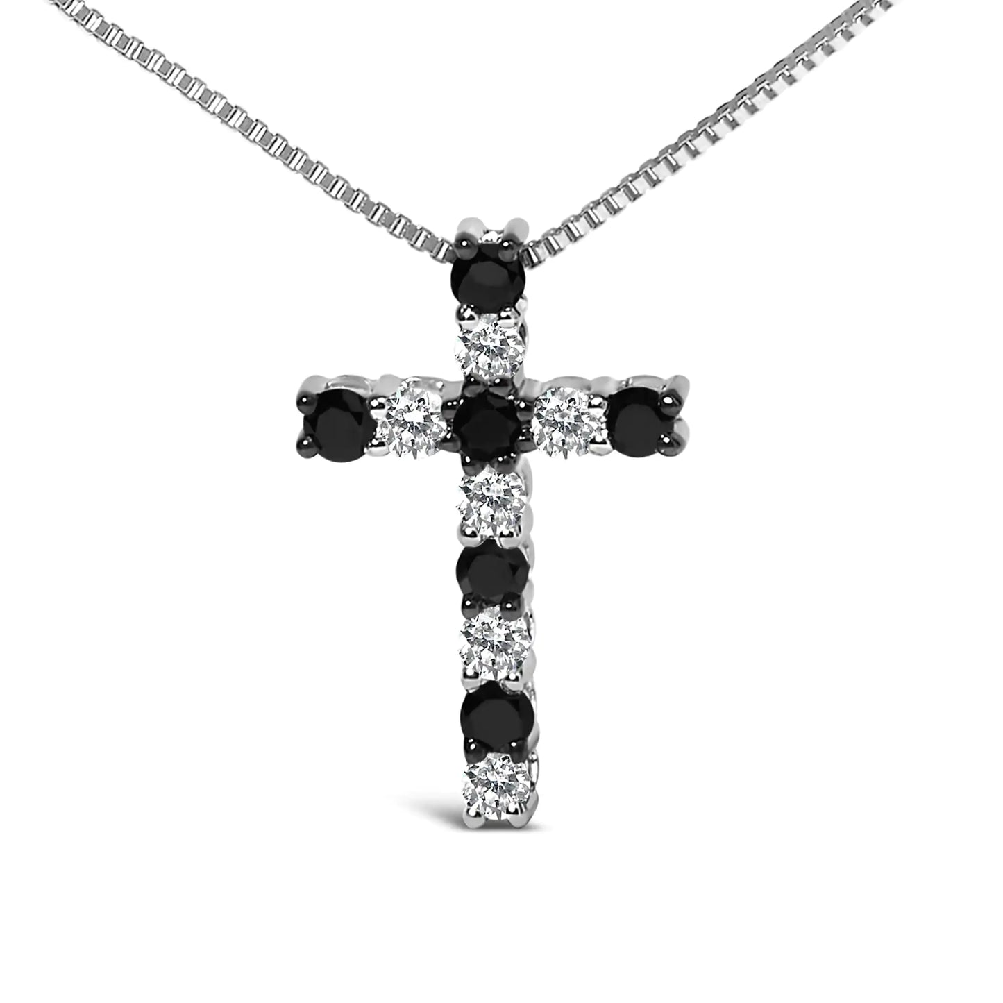 .925 Sterling Silver 1/2 Cttw Alternating Black and White Diamond Cross Pendant Necklace (Treated Black and H-I Color, I3 Clarity) - 18"