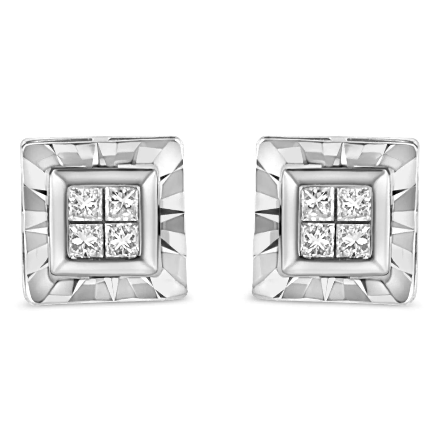 .925 Sterling Silver 1/6 Cttw Invisible Set Princess-Cut Diamond Quad Composite Stud Earrings (H-I Color, I1-I2 Clarity)
