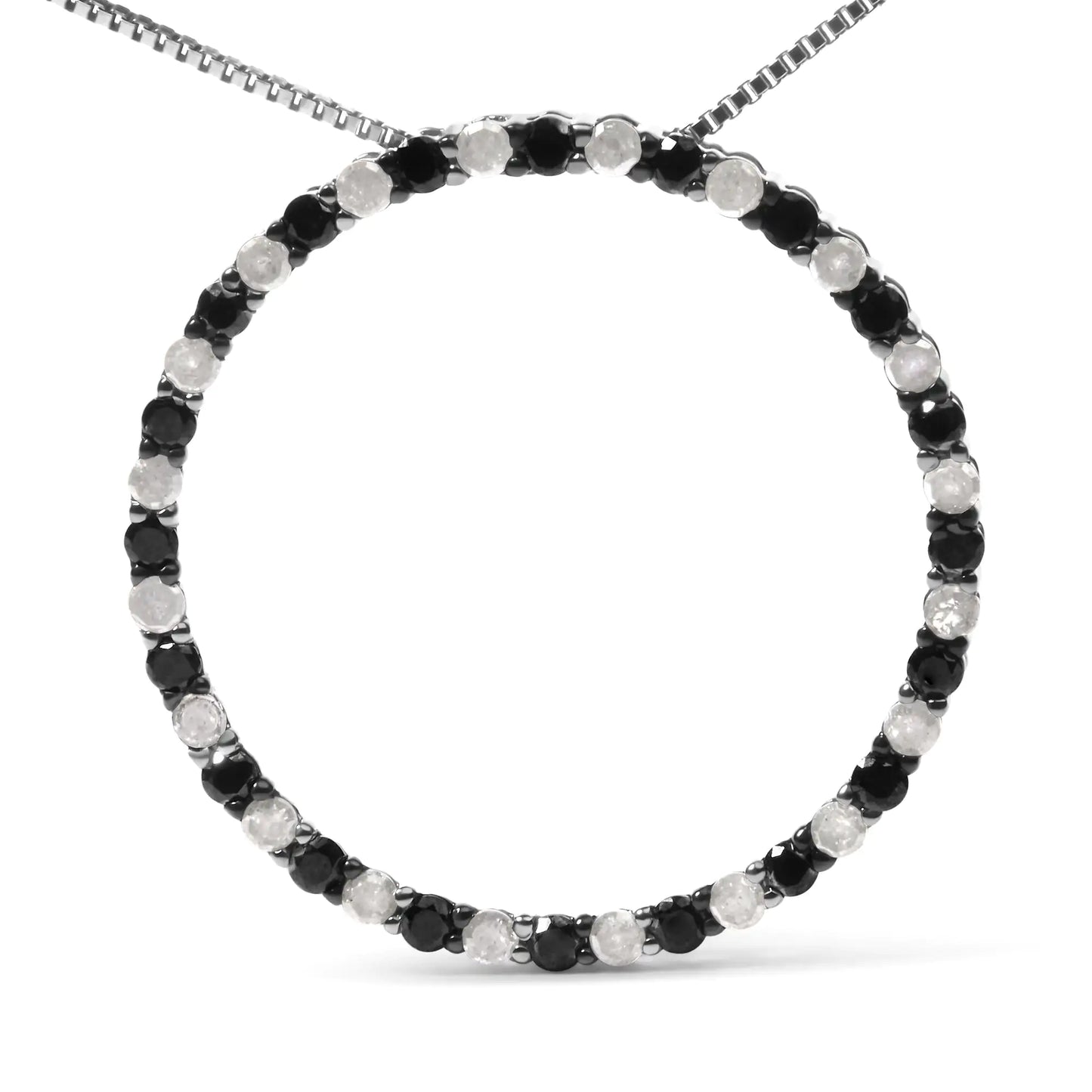 .925 Sterling Silver 1.0 Cttw Alternating Black and White Diamond Open Hoop Circle Pendant Necklace - 18" Inches