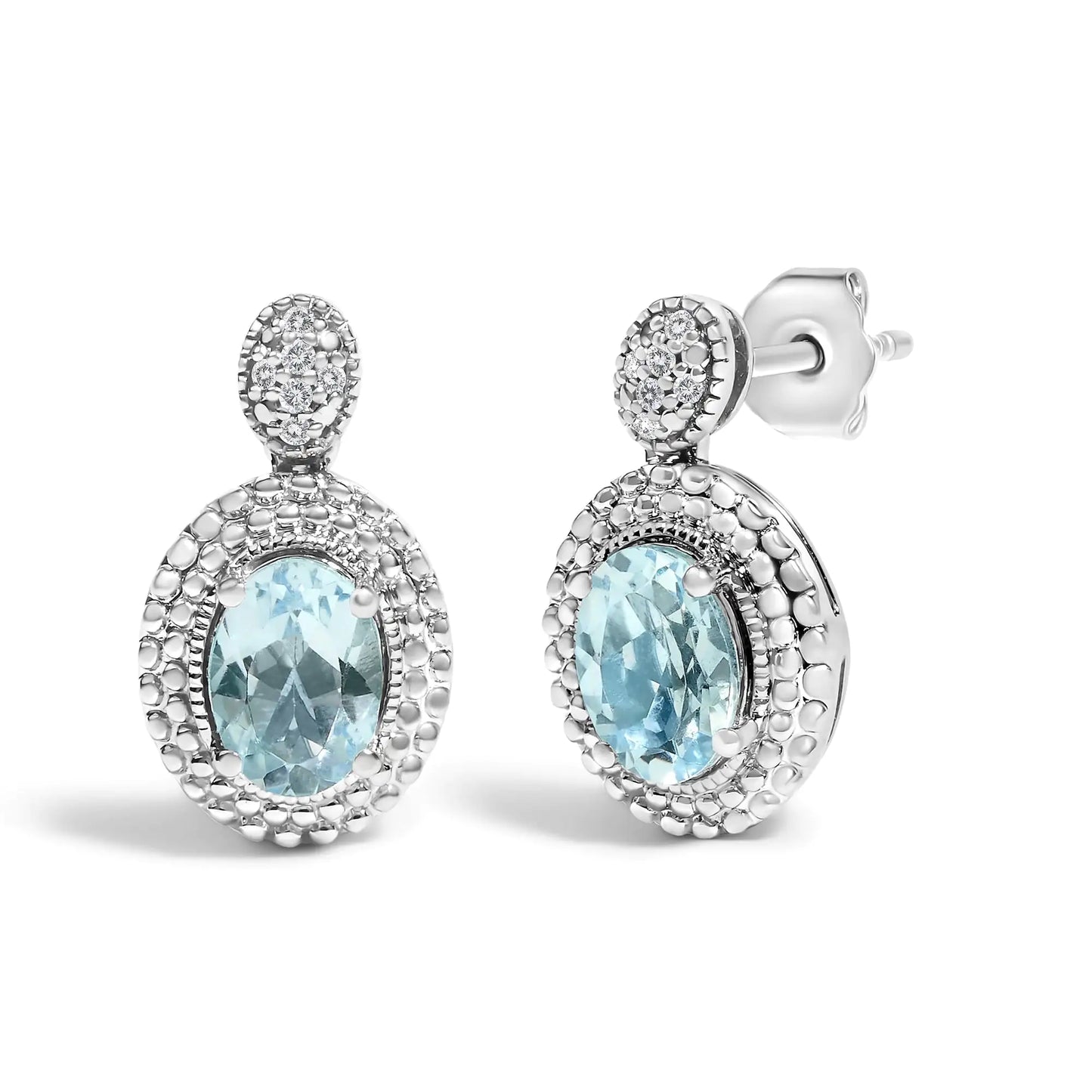 .925 Sterling Silver Diamond Accent and Oval Blue Topaz with Beaded Halo Drop Stud Earrings (I-J color, I1-I2 Clarity)