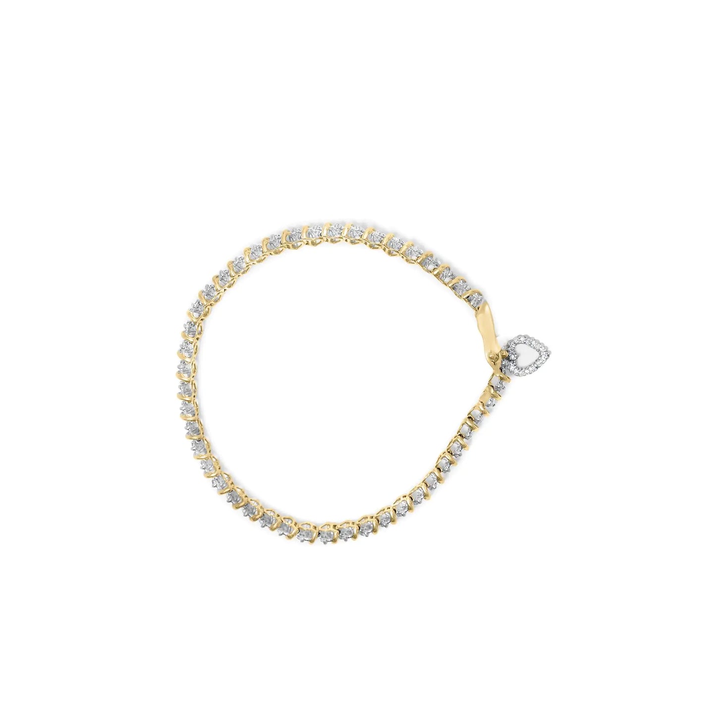 10K Yellow Gold over .925 Sterling Silver 2.0 Cttw Diamond Heart Charm 7" Link Bracelet (I-J Color, I3 Clarity)
