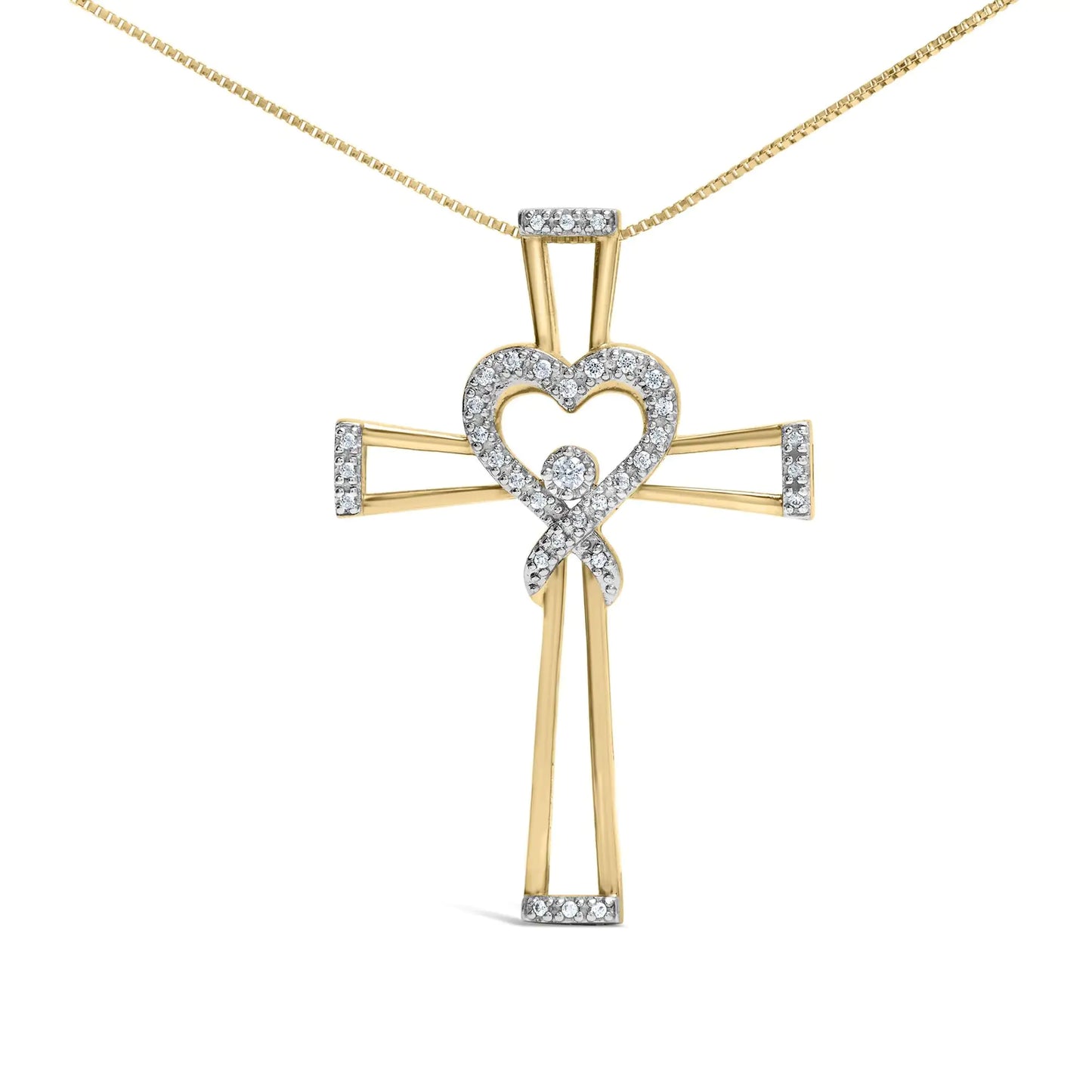 14K Yellow Gold Plated .925 Sterling Silver 1/6 Cttw Diamond Interlocking Heart and Ribbon Cross Pendant Necklace (H-I Color, I2-I3 Clarity) - 18" Inches
