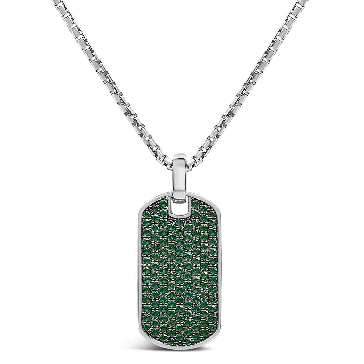Men's .925 Sterling Silver Created Green Emerald Dog Tag Pendant Necklace - 22" Inches