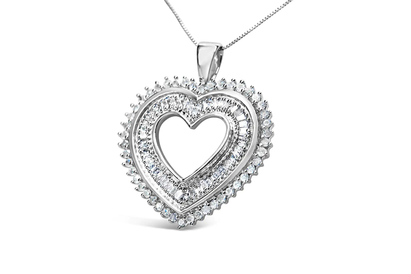 .925 Sterling Silver 1.0 Cttw Baguette and Round Diamond Heart Pendant 18" Necklace (H-I Color, I3 Clarity)