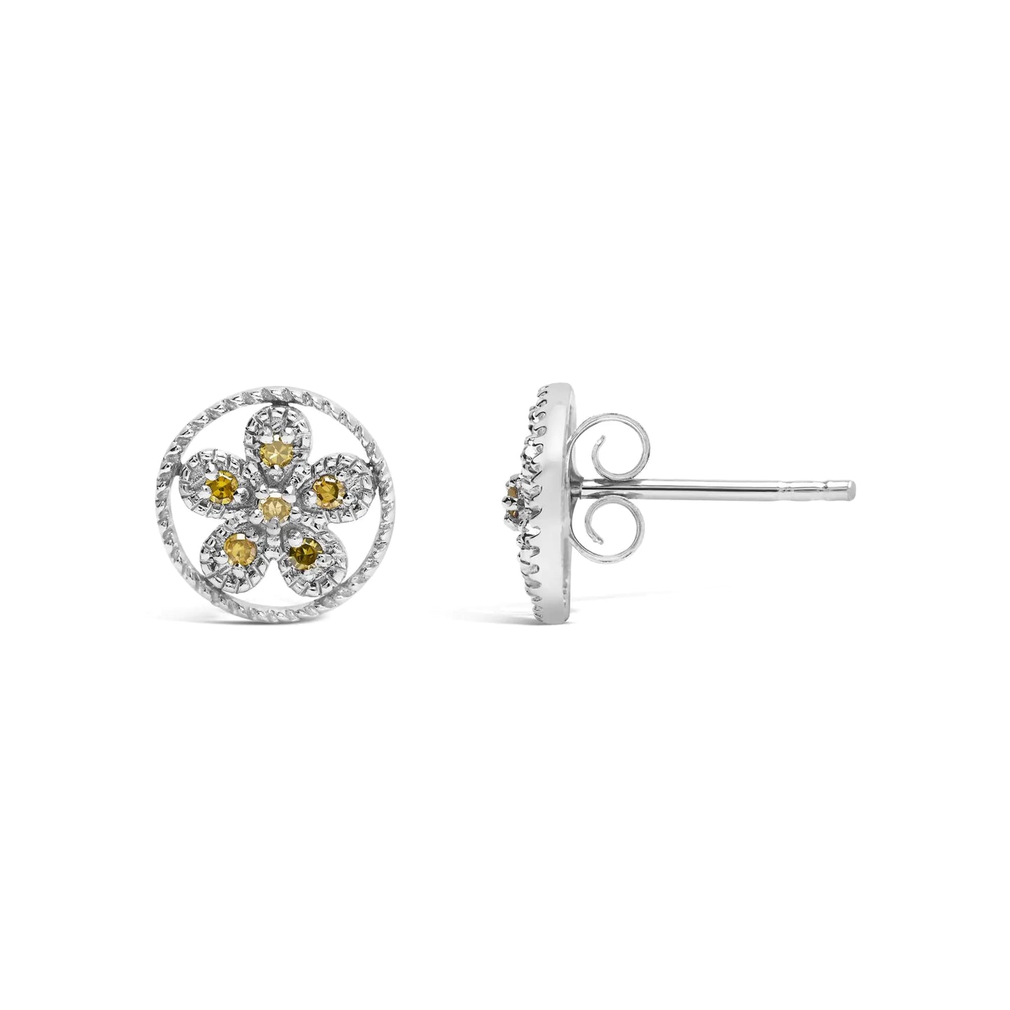 .925 Sterling Silver Yellow Diamond Accent Star and Wheel Milgrain Style Stud Earrings (Yellow Color, I2-I3 Clarity)