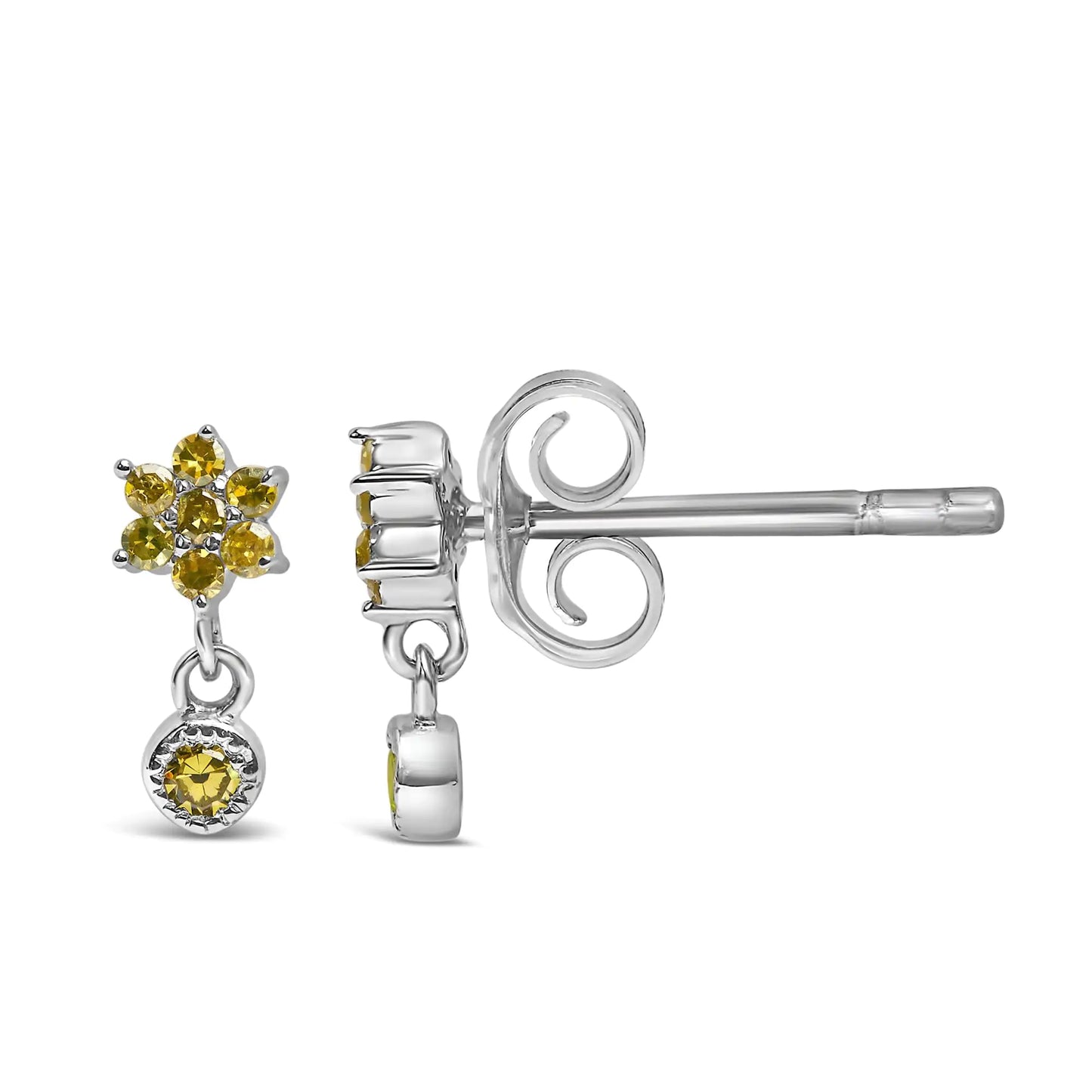 .925 Sterling Silver 1/10 Cttw Yellow Diamond Star Stud with Bezel Drop Dangle Earrings (Yellow Color, I2-I3 Clarity)