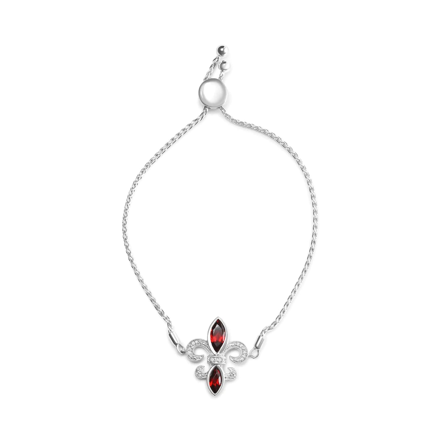 .925 Sterling Silver Marquise Garnet and Diamond Accent Lariat 4”-10” Fleur De Lis Adjustable Bolo Bracelet (H-I Color, SI1-SI2 Clarity)