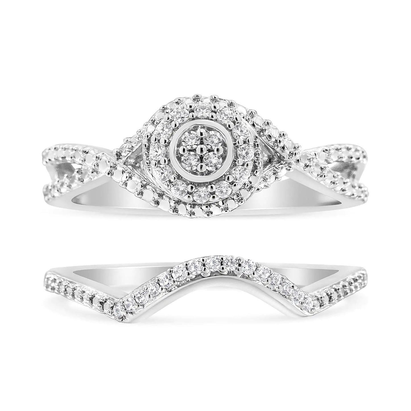 .925 Sterling Silver 1/6 Cttw Diamond Composite Halo and Split Shank Bridal Set Ring and Band (I-J Color, I3 Clarity)