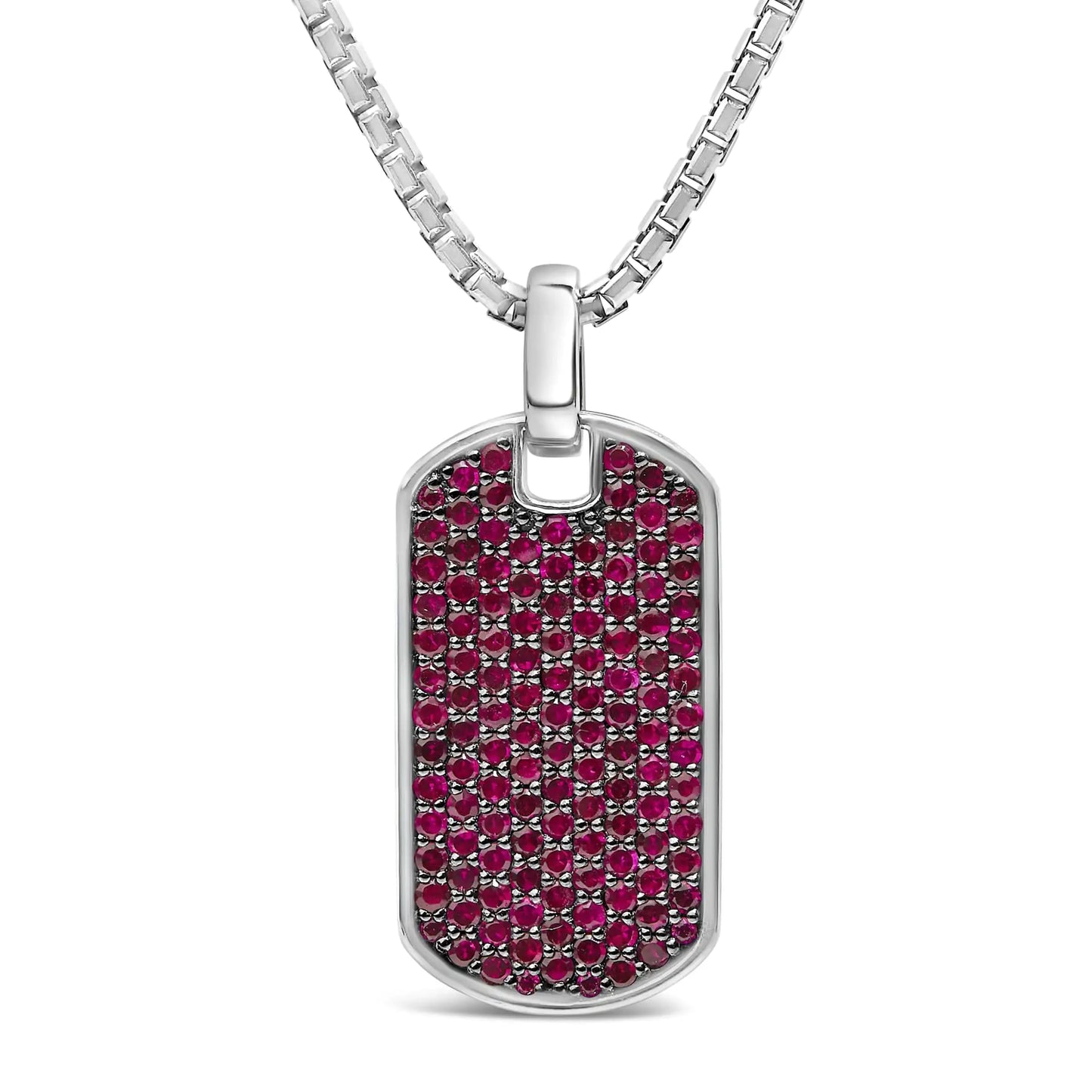 Men's .925 Sterling Silver Created Red Ruby Dog Tag Pendant Necklace - 22" Inches