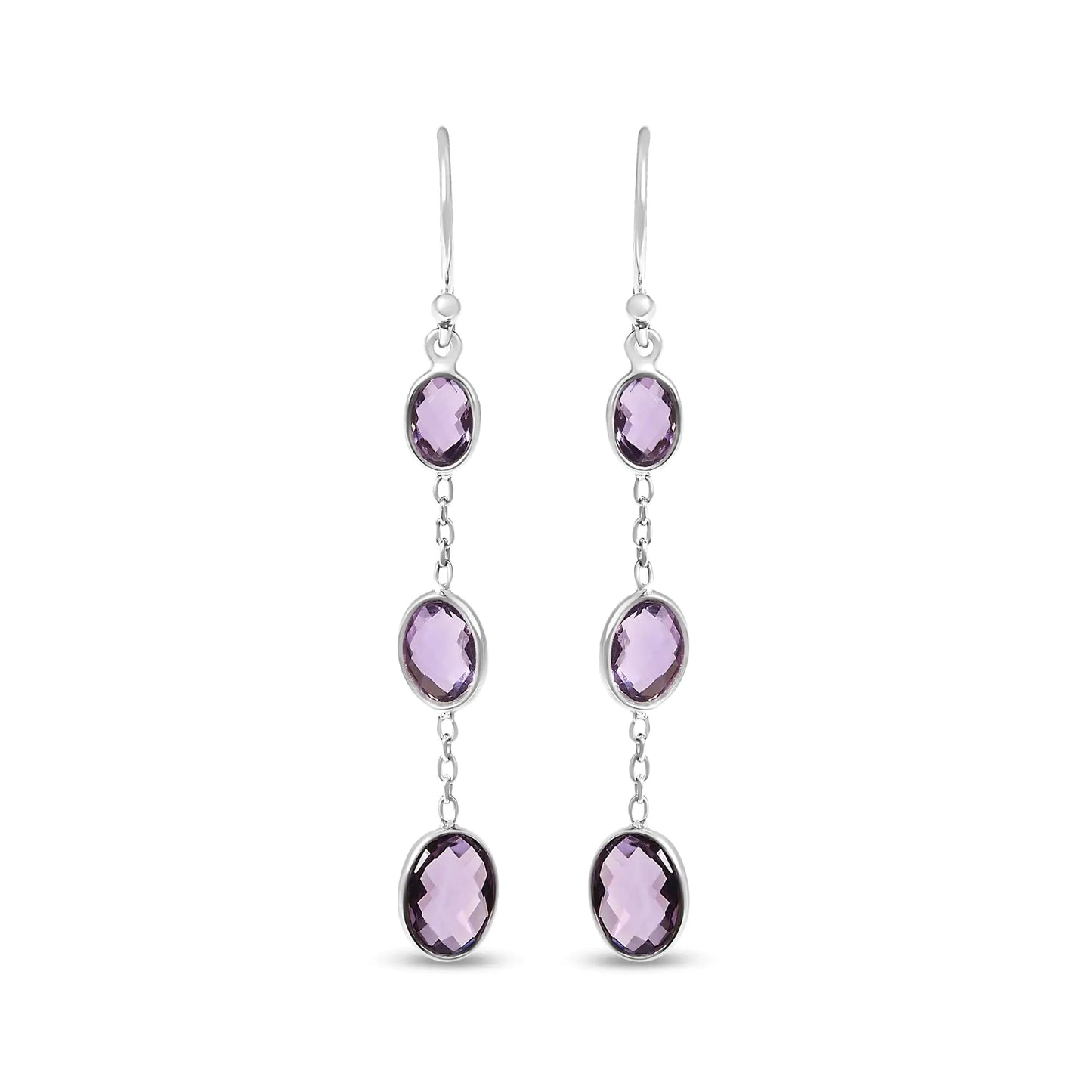 .925 Sterling Silver Checkerboard Cut Oval Purple Amethyst 2" Inch Drop and Dangle Earrings
