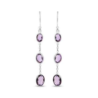 .925 Sterling Silver Checkerboard Cut Oval Purple Amethyst 2" Inch Drop and Dangle Earrings