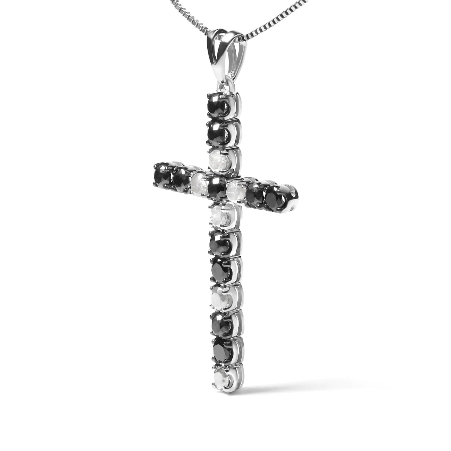 .925 Sterling Silver 2.0 Cttw Prong Set Round Natural Treated Black and White Diamond Cross Pendant Necklace - 18" (Black/H-I Color, I3 Clarity)