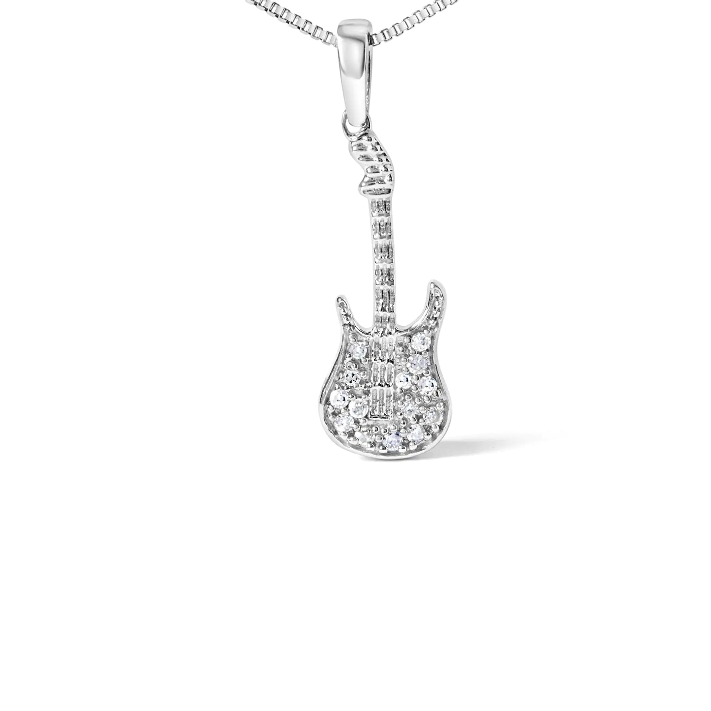 .925 Sterling Silver 1/10 Cttw Diamond Studded Guitar Pendant Necklace (I-J Color, I2-I3 Clarity) - 18" Inches