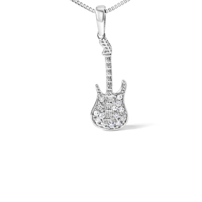 .925 Sterling Silver 1/10 Cttw Diamond Studded Guitar Pendant Necklace (I-J Color, I2-I3 Clarity) - 18" Inches