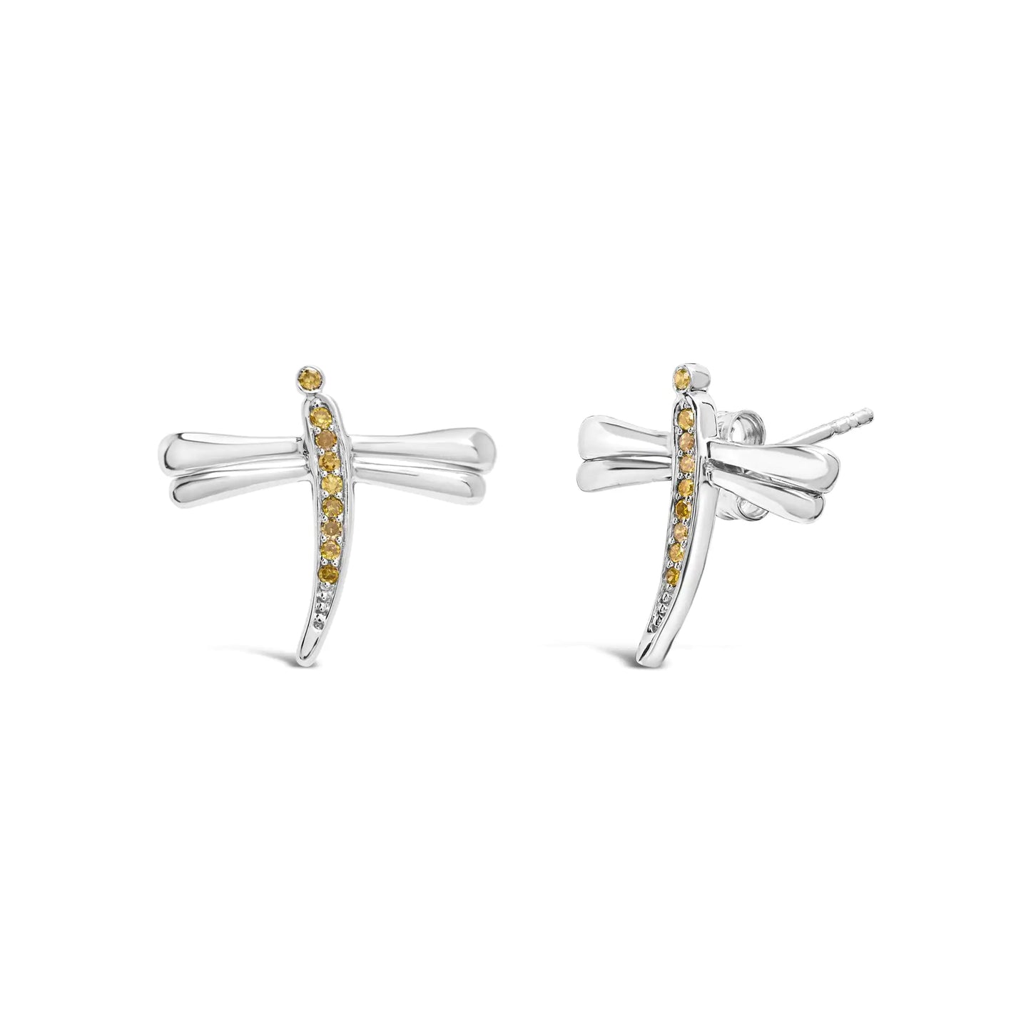 .925 Sterling Silver Yellow Diamond Accent Dragonfly Stud Earrings (Yellow Color, I2-I3 Clarity)