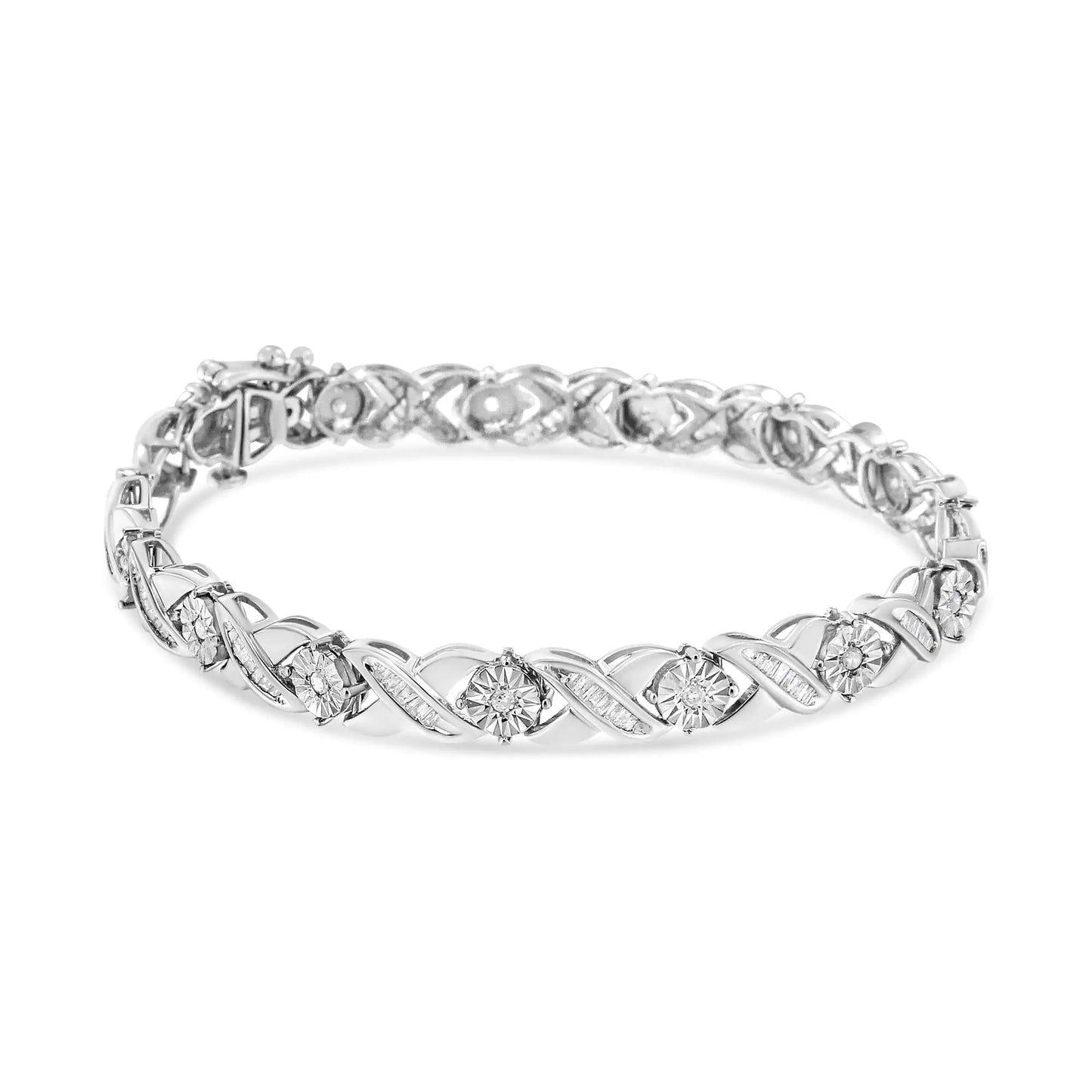 .925 Sterling Silver 1.0 Cttw Round-Brilliant and Baguette Cut Diamond Miracle-Set X-Link 7" Tennis Bracelet (I-J Color, I2-I3 Clarity)