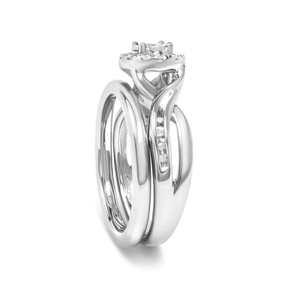 .925 Sterling Silver 1/7 Cttw Diamond Halo Bypass Engagement Ring and Wedding Band Set (I-J Color, I3 Clarity)