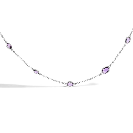 .925 Sterling Silver Checkerboard Cut Purple Amethyst Bezel Station Necklace - 22" Inches