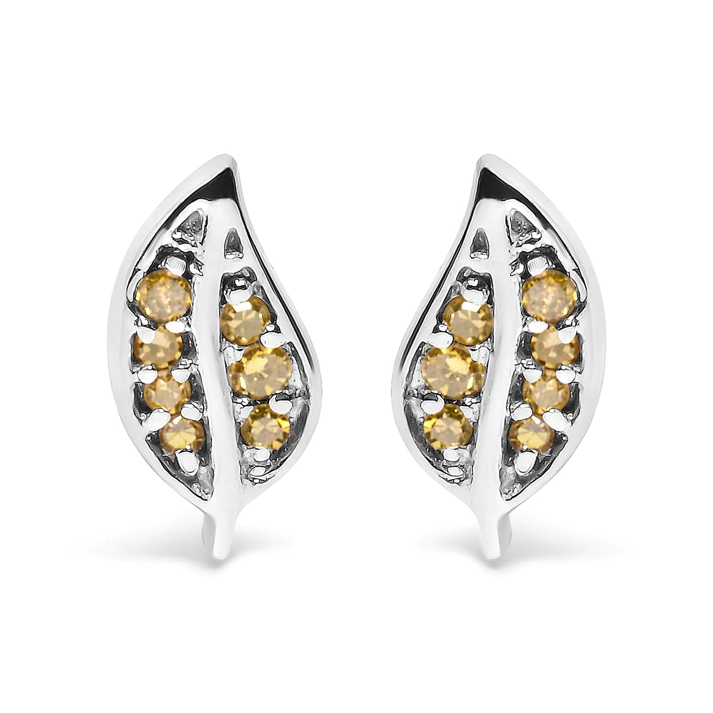 .925 Sterling Silver Yellow Diamond Accent Leaf Stud Earrings (Yellow Color, SI1-SI2 Clarity)