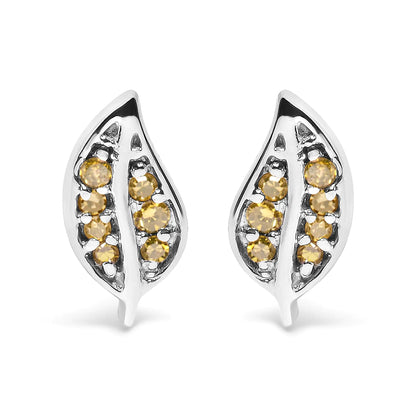 .925 Sterling Silver Yellow Diamond Accent Leaf Stud Earrings (Yellow Color, SI1-SI2 Clarity)