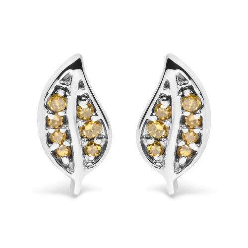 .925 Sterling Silver Yellow Diamond Accent Leaf Stud Earrings (Yellow Color, SI1-SI2 Clarity)