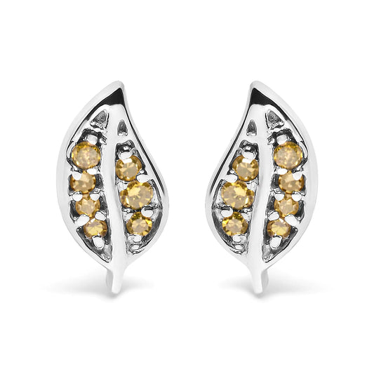 .925 Sterling Silver Yellow Diamond Accent Leaf Stud Earrings (Yellow Color, SI1-SI2 Clarity)
