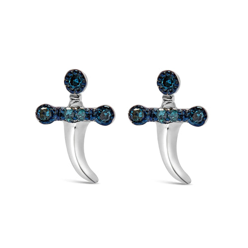.925 Sterling Silver Blue Diamond Accent Knife Earrings (Blue Color, SI1-SI2 Clarity)