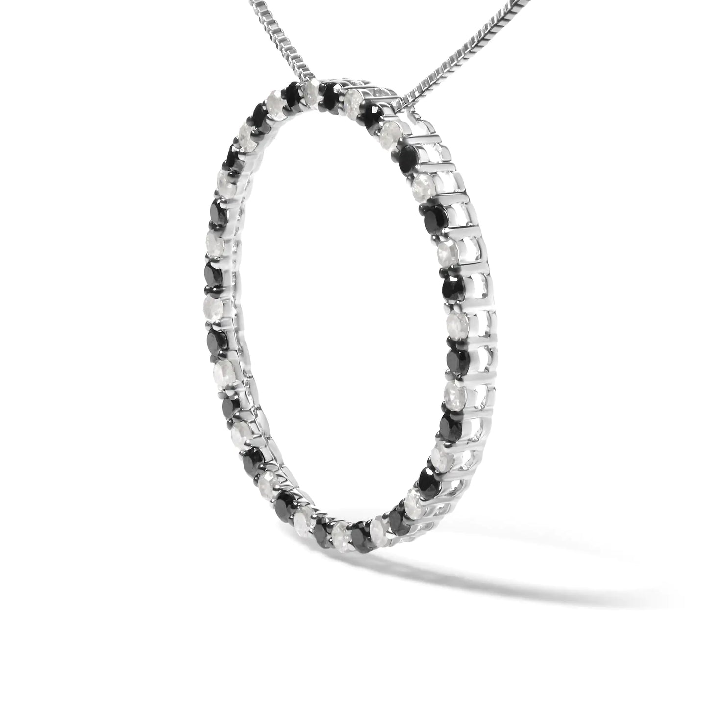 .925 Sterling Silver 1.0 Cttw Alternating Black and White Diamond Open Hoop Circle Pendant Necklace - 18" Inches