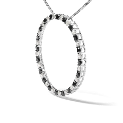 .925 Sterling Silver 1.0 Cttw Alternating Black and White Diamond Open Hoop Circle Pendant Necklace - 18" Inches