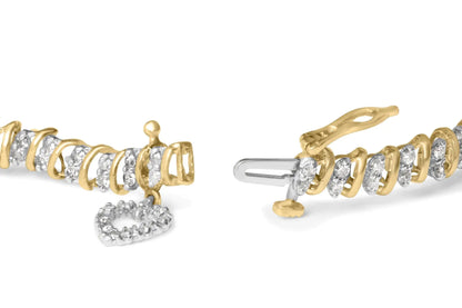 10K Yellow Gold over .925 Sterling Silver 2.0 Cttw Diamond Heart Charm 7" Link Bracelet (I-J Color, I3 Clarity)