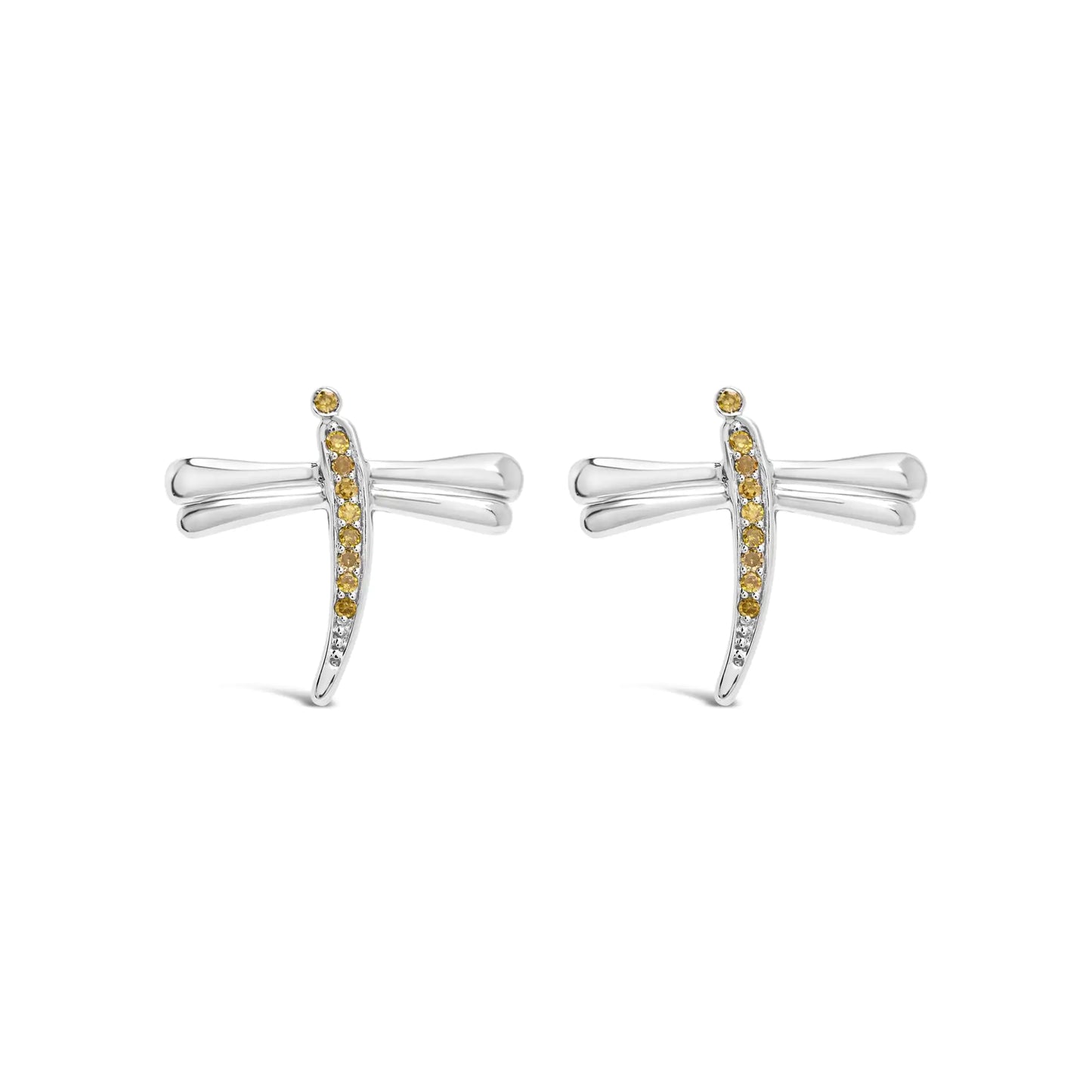 .925 Sterling Silver Yellow Diamond Accent Dragonfly Stud Earrings (Yellow Color, I2-I3 Clarity)