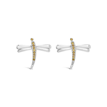 .925 Sterling Silver Yellow Diamond Accent Dragonfly Stud Earrings (Yellow Color, I2-I3 Clarity)
