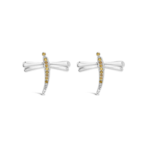 .925 Sterling Silver Yellow Diamond Accent Dragonfly Stud Earrings (Yellow Color, I2-I3 Clarity)