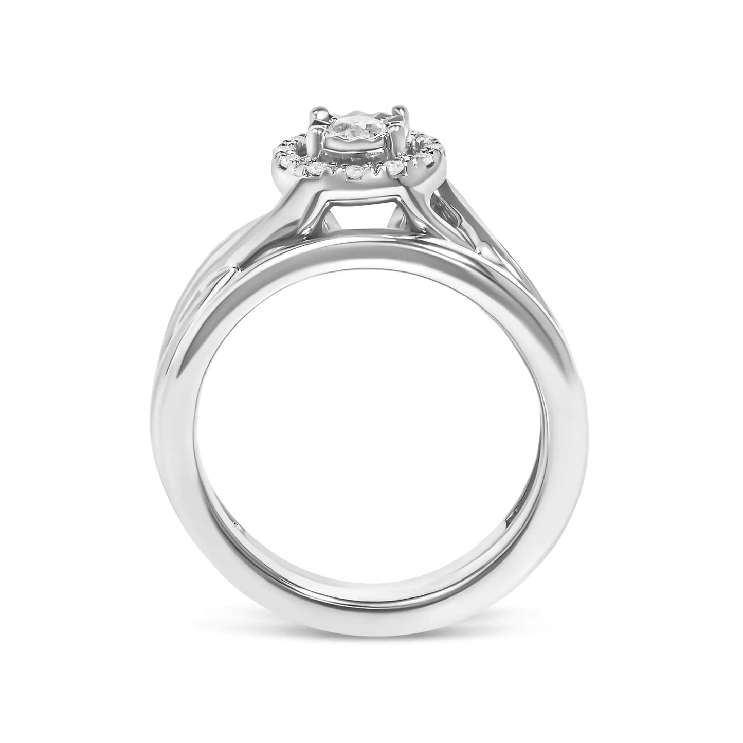 .925 Sterling Silver 1/7 Cttw Diamond Halo Bypass Engagement Ring and Wedding Band Set (I-J Color, I3 Clarity)