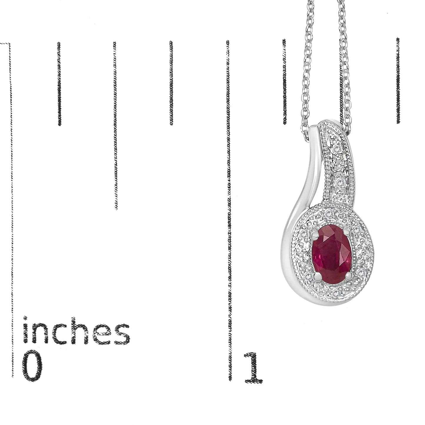 .925 Sterling Silver Red Ruby and Diamond Accent Milgrain Swirl Pendant Necklace - 18" Inches
