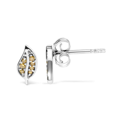 .925 Sterling Silver Yellow Diamond Accent Leaf Stud Earrings (Yellow Color, SI1-SI2 Clarity)