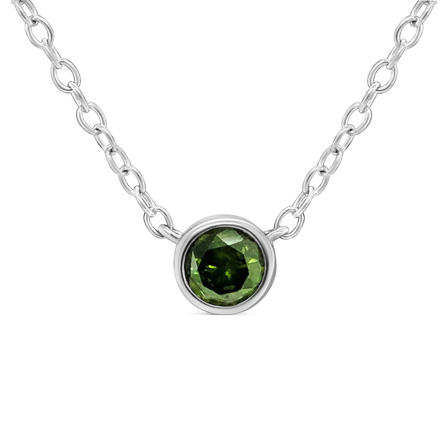 .925 Sterling Silver 1/5 Cttw Treated Green Diamond Solitaire Bezel 18" Pendant Necklace (Green Color, I1-I2 Clarity)