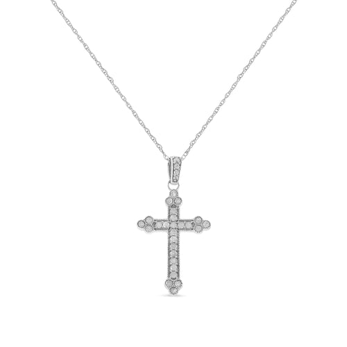 .925 Sterling Silver 1/4 Cttw Prong Set Round-Cut Diamond Cross 18" Pendant Necklace - (I-J Color, I3-Promo Quality)