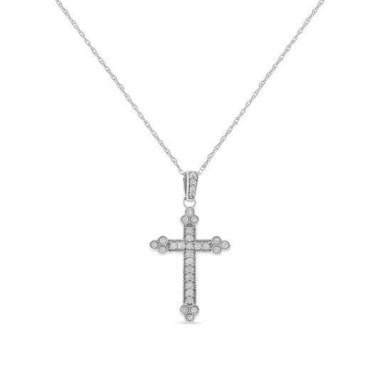 .925 Sterling Silver 1/4 Cttw Prong Set Round-Cut Diamond Cross 18" Pendant Necklace - (I-J Color, I3-Promo Quality)
