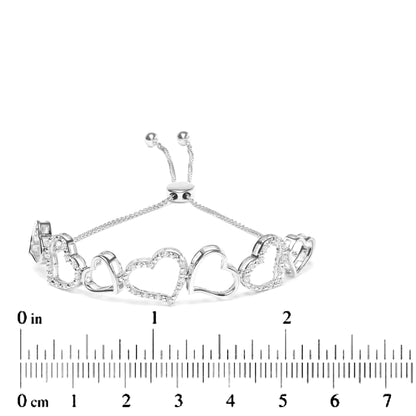 .925 Sterling Silver 1/4 Cttw Diamond Open Heart Link Adjustable Bolo Bracelet   (I-J Color, I2-I3 Clarity) - 4 to 10 Inches
