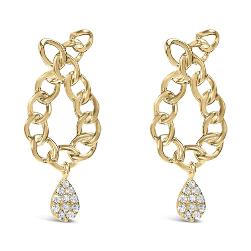 14K Yellow Gold Plated .925 Sterling Silver 1/10 Cttw Diamond Chain Link Teardrop Dangle Earrings (H-I Color, I1-I2 Clarity)