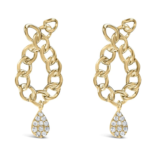 14K Yellow Gold Plated .925 Sterling Silver 1/10 Cttw Diamond Chain Link Teardrop Dangle Earrings (H-I Color, I1-I2 Clarity)