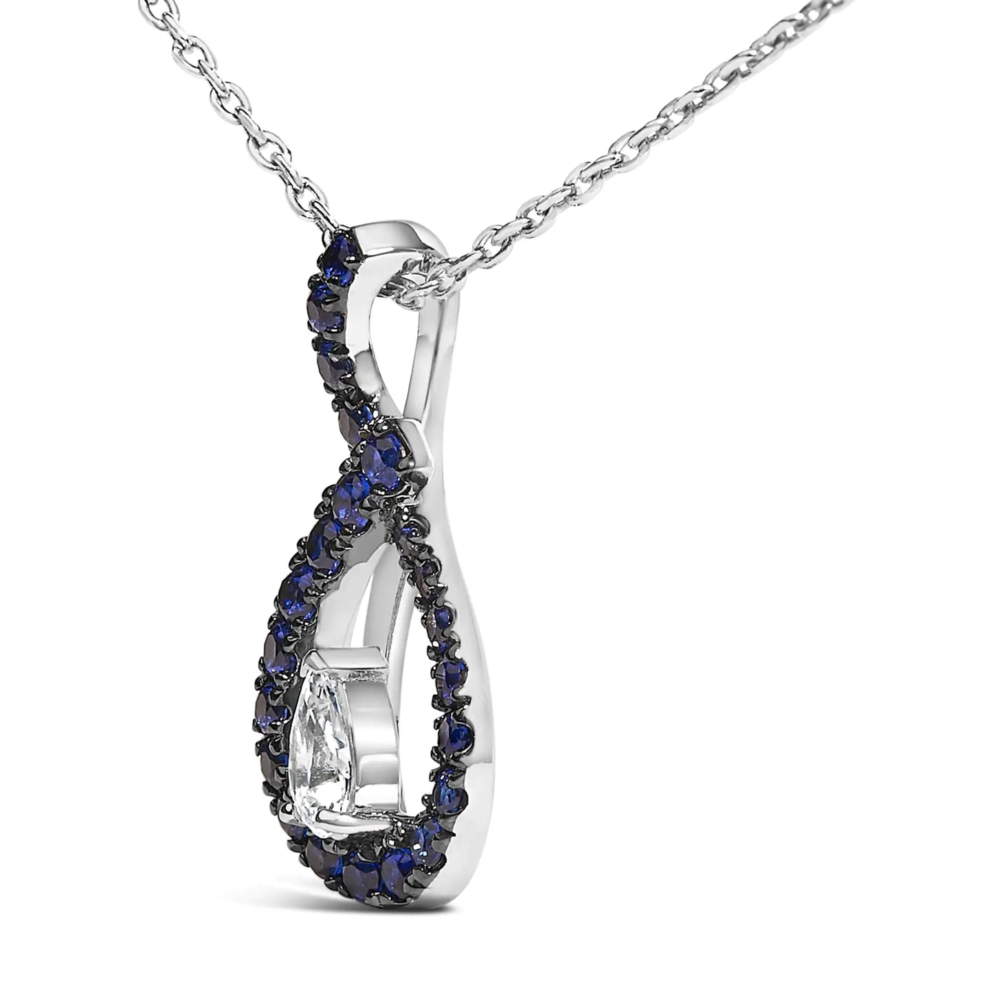 .925 Sterling Silver Created Blue and White Sapphire Teardrop Shaped Pendant Necklace - 18" Inches