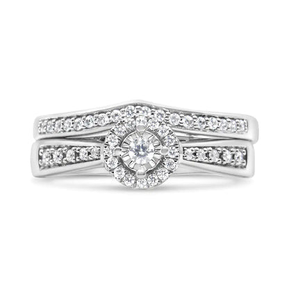 .925 Sterling Silver 1/3 Cttw Diamond Halo and Pave Shank Engagement Ring Set (I-J Color, I3 Clarity)