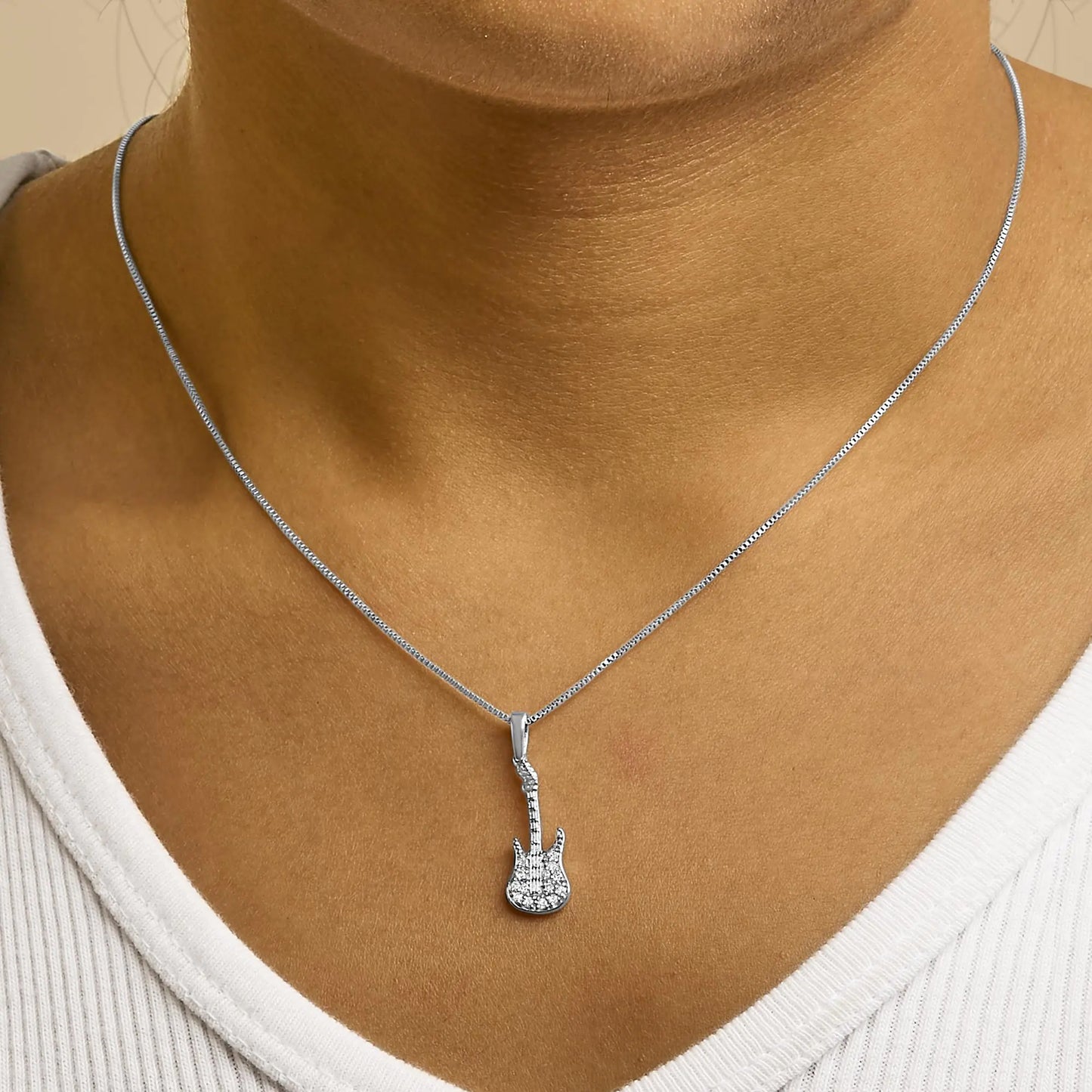 .925 Sterling Silver 1/10 Cttw Diamond Studded Guitar Pendant Necklace (I-J Color, I2-I3 Clarity) - 18" Inches