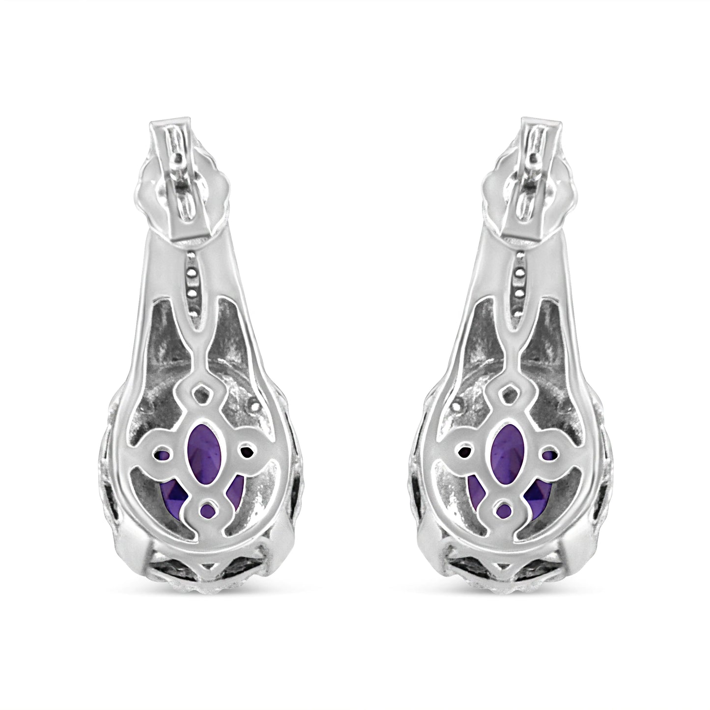 .925 Sterling Silver 8x6 MM Natural Oval Purple Amethyst Gemstone and Diamond Accent Art Deco Style Drop and Dangle Earrings (I-J Color, I1-I2 Clarity)