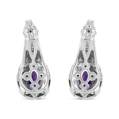 .925 Sterling Silver 8x6 MM Natural Oval Purple Amethyst Gemstone and Diamond Accent Art Deco Style Drop and Dangle Earrings (I-J Color, I1-I2 Clarity)