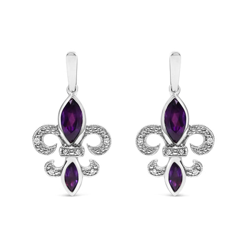 .925 Sterling Silver Marquise Cut Amethyst and Diamond Accent Fleur De Lis Dangle Stud Earrings (H-I Color, SI1-SI2 Clarity)